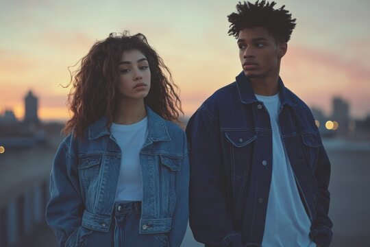 Young couple in denim jackets stand on rooftop at sunset, looking away.