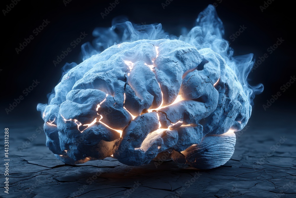 Poster a stylized brain illustration with glowing cracks and smoke emanating, symbolizing thought process, 