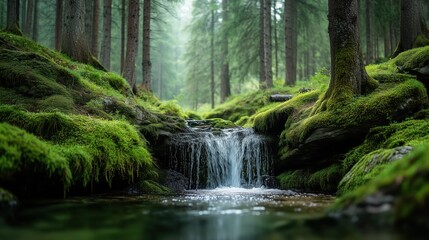 Naklejka premium Serene forest waterfall flowing over mossy rocks