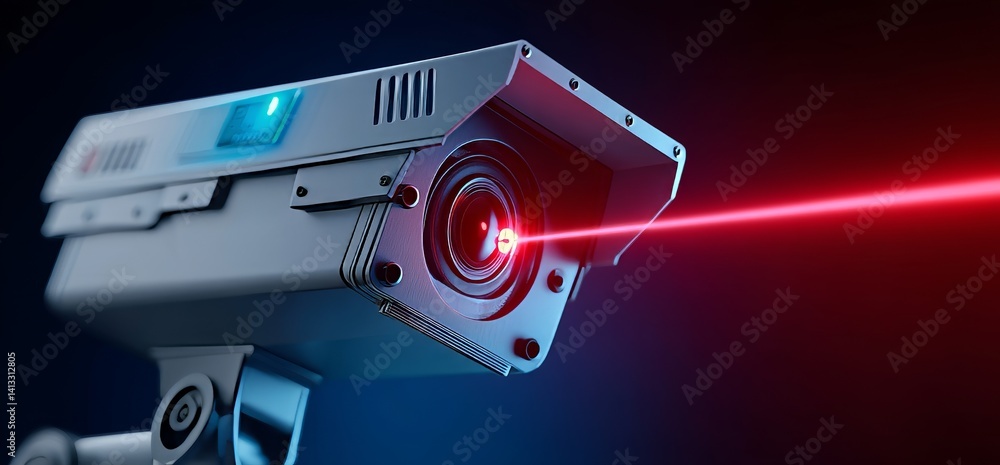 Poster a 3d rendering shows a security camera focusing on a detected intrusion