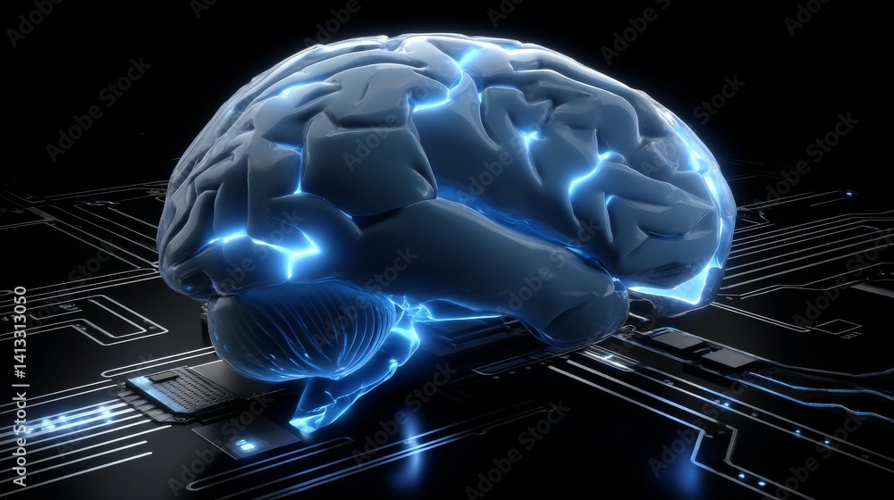 Poster a 3d rendering illustrates a stock hardware concept, featuring a glowing blue brain circuit on a mic