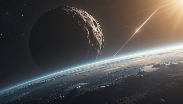 A colossal asteroid looms in the void as a meteorite streaks past Earth, a vivid reminder of cosmic peril in the vast universe.