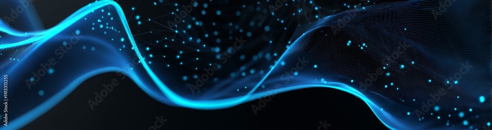 Poster The abstract background showcases a dynamic wave that represents a futuristic point wave, also acting as a connecting background with an abstract wave, all part of a big data technology 3D rendering
