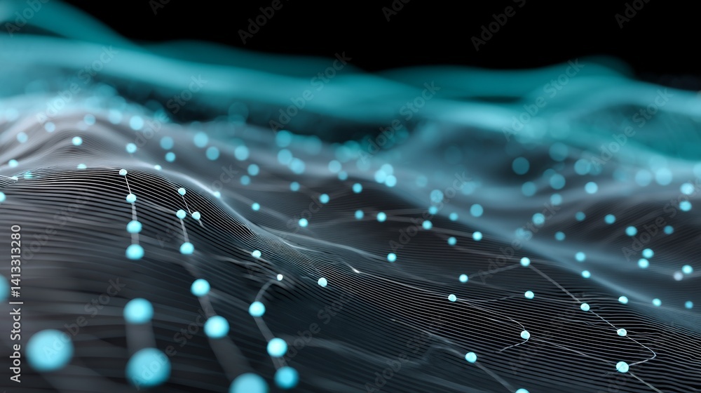 Poster illustration of data technology, featuring an abstract and futuristic background with a wave of part