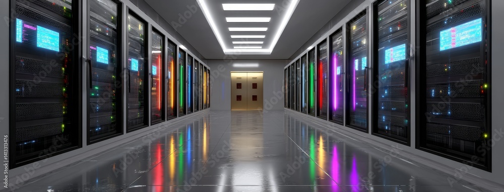 Poster the server room in a data center includes backup, mining, hosting, mainframe, farm, and computer rac