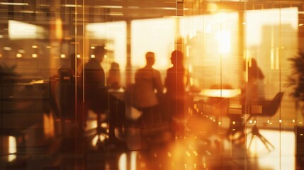 Fototapeta premium Abstract Corporate Meeting Scene with Blurred Figures and Warm Lighting