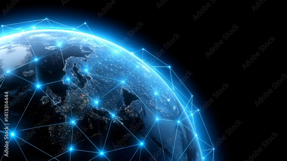 Poster a 3d rendering illustrates the global network concept, with a focal point on a world map, covering t
