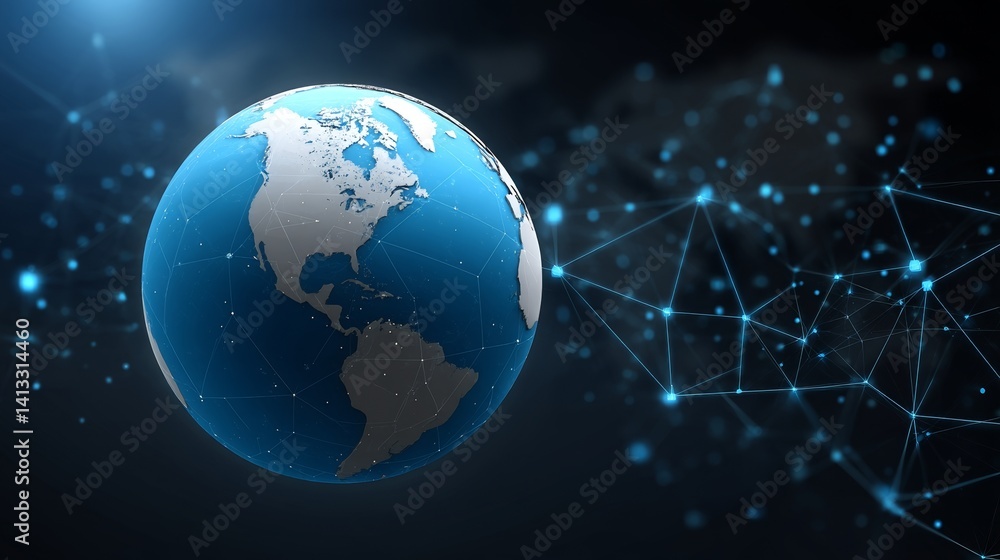 Poster the concept of a global network, represented by a point on a world map, encompasses the entire plane