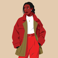 Stylish Black Woman in Red Jacket and Orange Pants