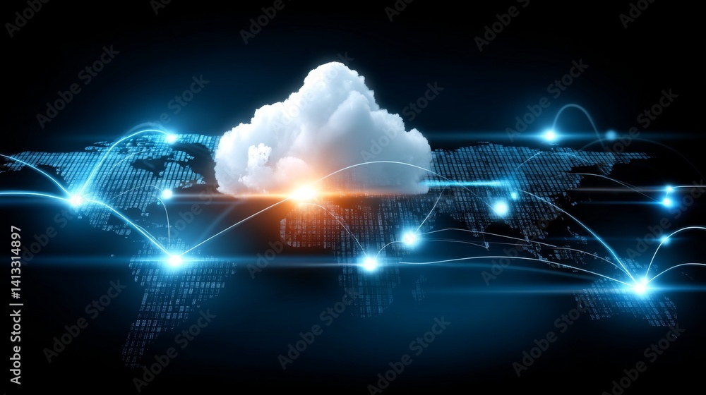 Poster cloud computing technology for data transfer is illustrated through a central cloud icon with intern