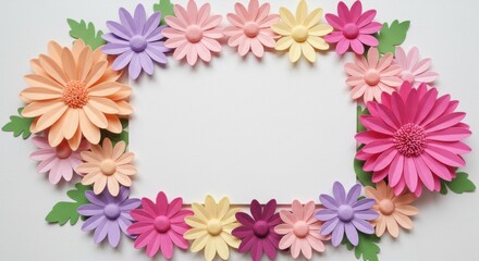 Obraz premium Pastel colored paper flowers arranged in a rectangular frame on a white background surface view