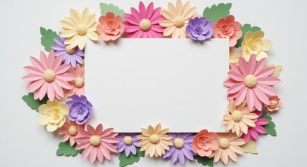 Obraz premium Colorful paper flowers arranged around a blank white rectangle on a white background surface