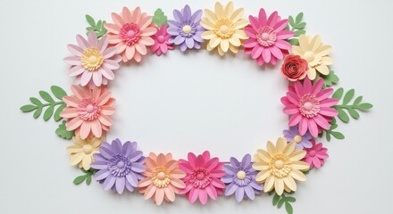 Obraz premium Colorful paper flowers arranged in an oval frame on a white background studio shot