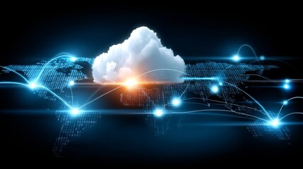 Cloud computing technology for data transfer is illustrated through a central cloud icon with internal connections, paired with a smaller icon on a polygonal abstract world map, all on a dark blue