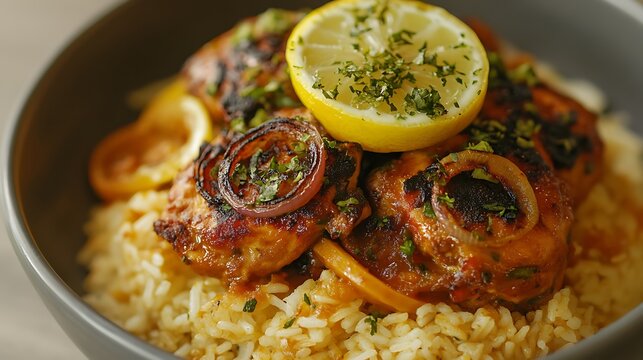 A traditional Senegalese chicken yassa dish, served with caramelized onions, lemon marinade, and fluffy rice.

