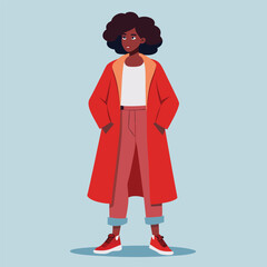 Stylish Black Woman in Red Coat and Pants Casual Fashion Illustration
