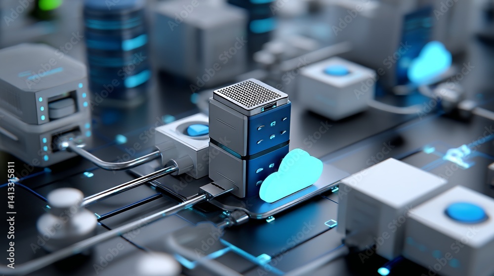 Poster the concept of cloud computing is visually represented through a futuristic hologram, complete with 