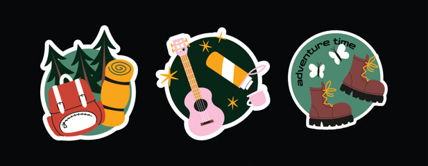 Cartoon Camping & Hiking Stickers – Travel, Tent, Backpack, Compass, Fire. Retro Adventure Doodle Pack. Outdoor Travel Stickers Set