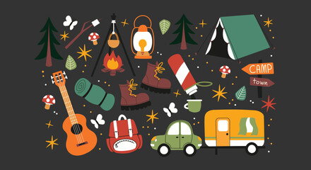 Cartoon Camping & Hiking Stickers – Travel, Tent, Backpack, Compass, Fire. Retro Adventure Doodle Pack. Outdoor Travel Stickers Set © Anastasiia Chubenko