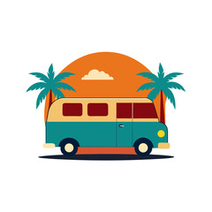 Retro Van with Palm Trees and Desert Scene