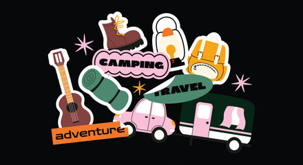 Cartoon Camping & Hiking Stickers – Travel, Tent, Backpack, Compass, Fire. Retro Adventure Doodle Pack. Outdoor Travel Stickers Set