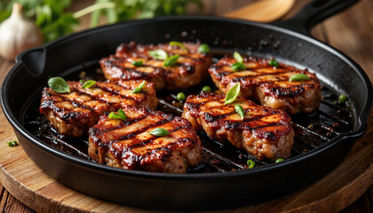 Fototapeta premium Succulent skillet steak sizzling in rustic kitchen, culinary delight