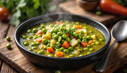 Steaming bowl of split pea soup on rustic table, comfort food delight