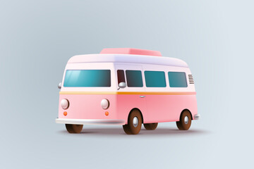 Vector illustration of vintage pink camper van with white roof. Pink beach minibus isolated on light background. Classic retro vehicle with rounded design. 3D style. Road trips, summer vacations.