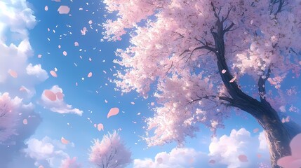 Blossoming pink cherry blossoms against bright blue sky petals drifting highlights serenity and renewal tranquility theme