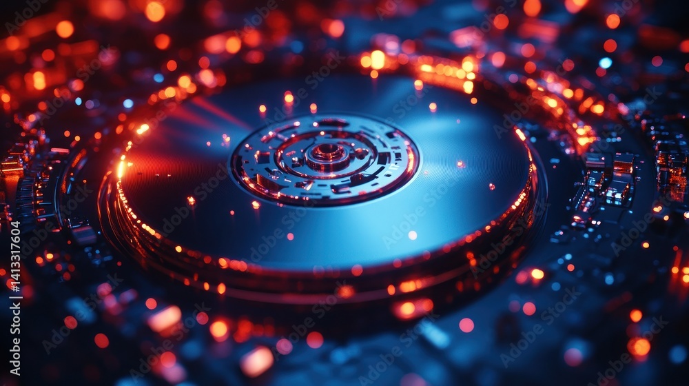 Poster high-tech hard drive close-up. dynamic internal components illuminated with vibrant red and blue lig