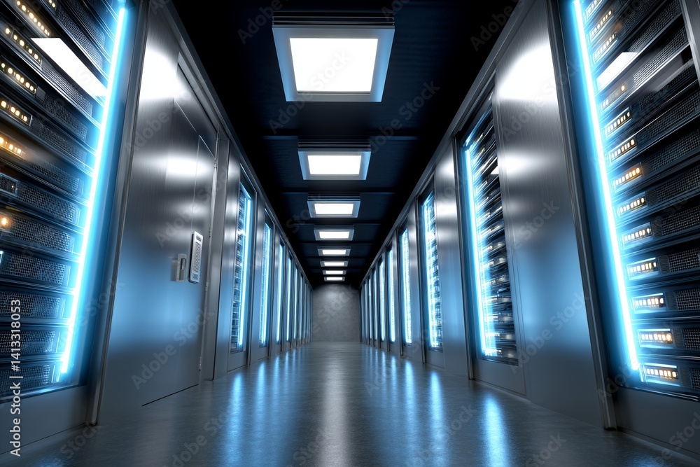 Poster the concept of network and internet communication technology is depicted in a data center interior w