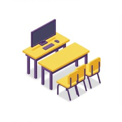 Isometric desk and chairs illustration on white background