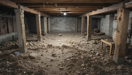 Crawl space with wooden beams and dirt floor, highlighting foundation repair needs.