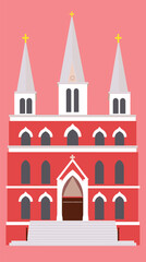 Naklejka premium Red gothic church illustration with three steeples on pink background flat vector illustration