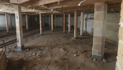 Crawl space with wooden beams and dirt floor, highlighting foundation repair needs.