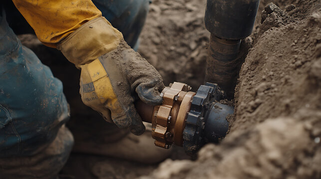Natural gas pipeline technician repairing underground valve. Featuring precision and field maintenance