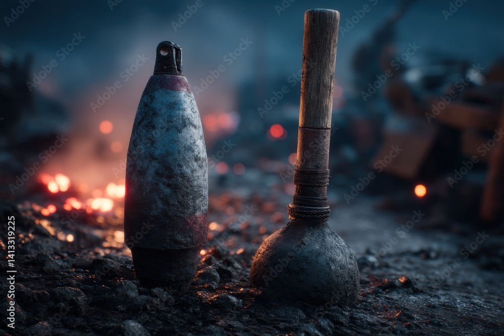 Poster a pair of weathered objects stand against a backdrop of muted colors and hints of fire, their surfac