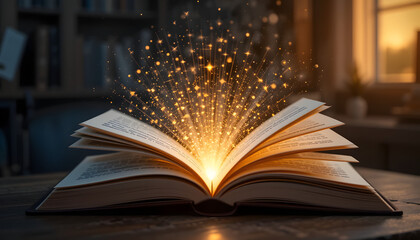 Open book with glowing pages, symbolizing effective learning and education. The image captures the essence of creativity, imagination, and the power of reading to expand horizons