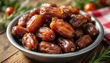 Fresh dates in a metal bowl, outdoor picnic setting, summer delight