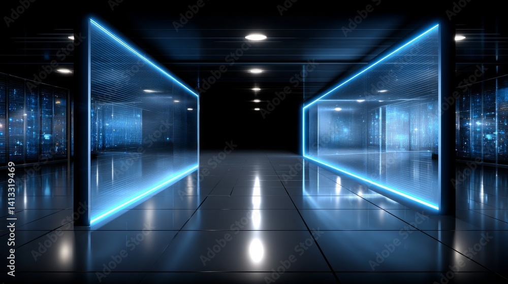Poster server computers or a server room featuring a data hud, created using 3d rendering techniques