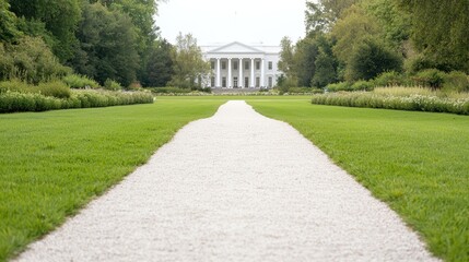 Serene garden path leading to grand white house peaceful nature landscape