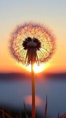 Dandelion seed head at sunset.  Soft light illuminates the delicate structure