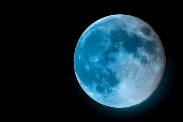 A blue super moon is seen glowing with a blue halo against a black background