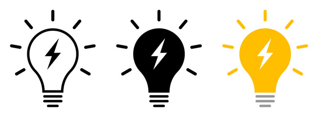 Electric light bulb icon set with lightning bolt outline, solid, and yellow flat style. Concept for energy, power, electricity, innovation, and smart technology in vector format.