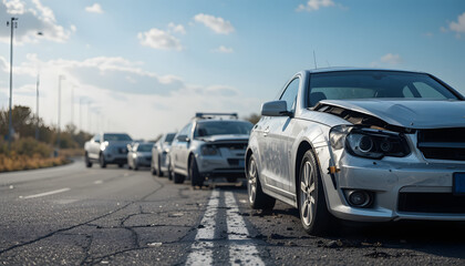 Damaged cars on a road symbolize the need for liability protection in insurance law.