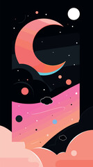 Fototapeta premium Abstract night sky with crescent moon and colorful cloud patterns flat vector illustration