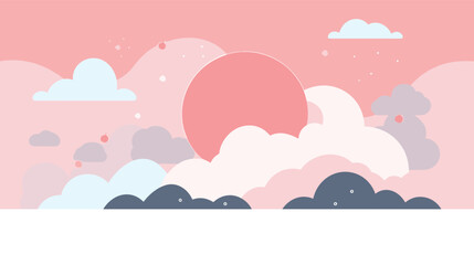 Pink abstract landscape with stylized sun and clouds flat vector illustration
