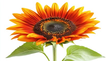 Fototapeta premium Vibrant orange-red sunflower, isolated against white. Detailed view of petals, center disc, and leaves