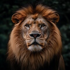 Naklejka premium Colorful lion with multi colored mane against dark jungle backdrop high resolution picture