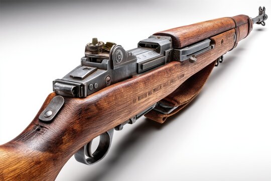 Detailed close-up of a vintage M1 Garand rifle with a wooden stock and metal components, showcasing the craftsmanship and historical significance of the weapon.